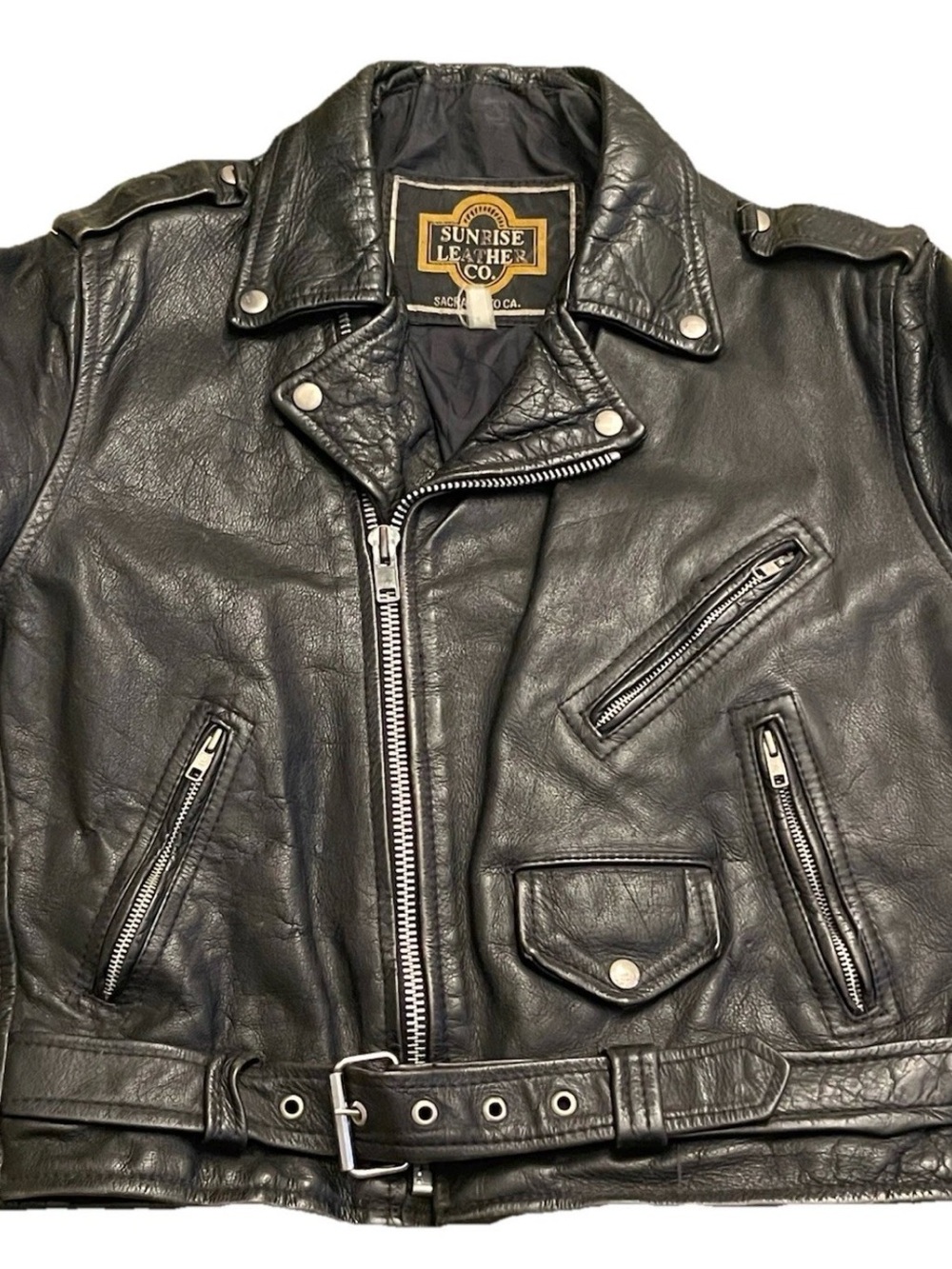 Vintage Sunrise Leather Co Black Leather Motorcycle Biker Jacket Belted Zip USA